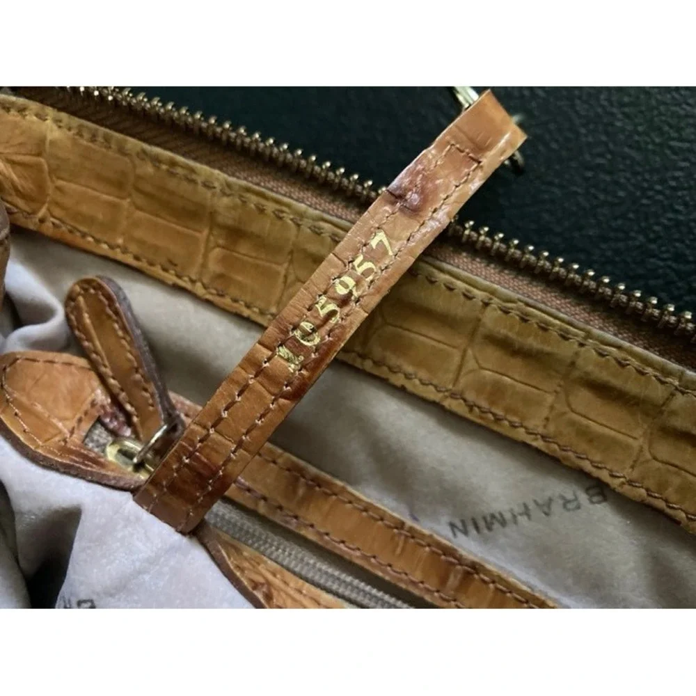 Brahmin Pecan Croc Embossed Leather Satchel Handbag Tan Zip Top Small Tote